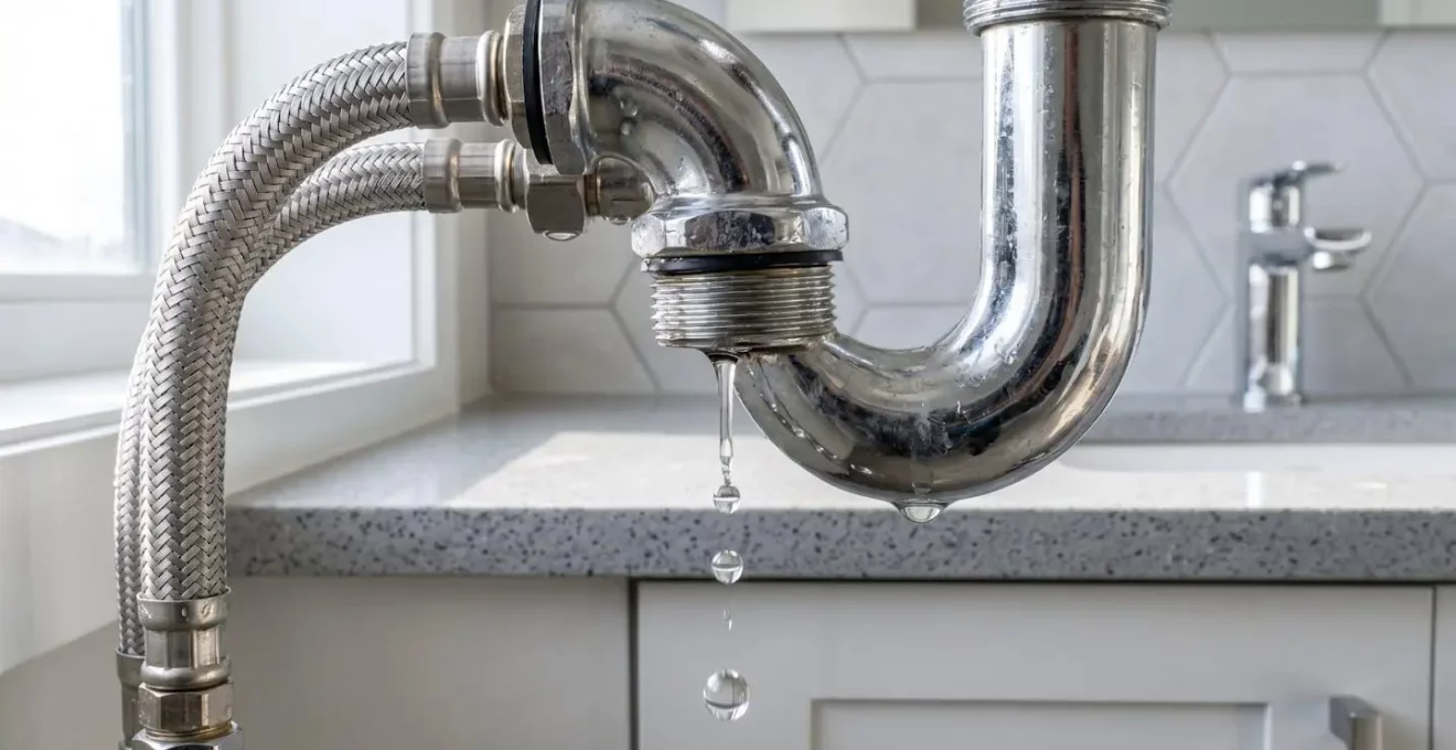 Gros plan sur des gouttes d'eau tombant d'un raccord chromé sous un lavabo contemporain dans une salle de bain lumineuse