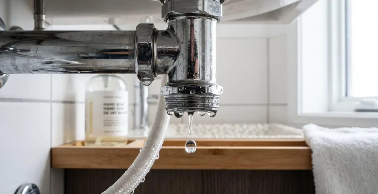 Gros plan sur des gouttes d'eau tombant d'un raccord chromé sous un lavabo contemporain dans une salle de bain lumineuse