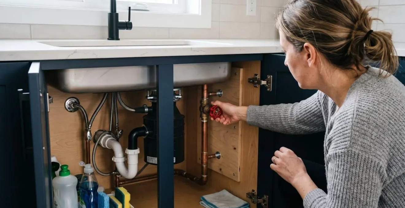 Plan rapproché d'une main adulte tournant une valve d'arrêt chromée sous un évier de cuisine contemporain