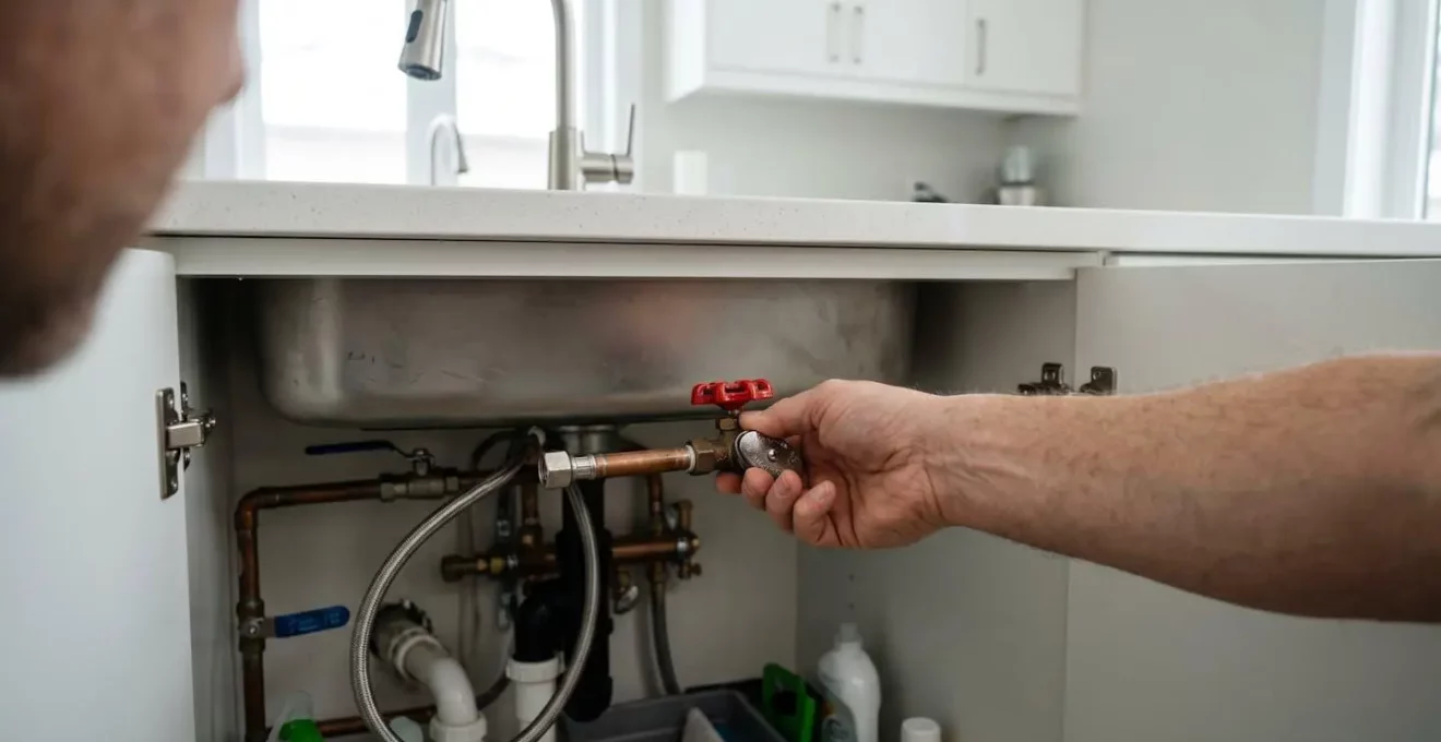 Plan rapproché d'une main adulte tournant une valve d'arrêt chromée sous un évier de cuisine contemporain