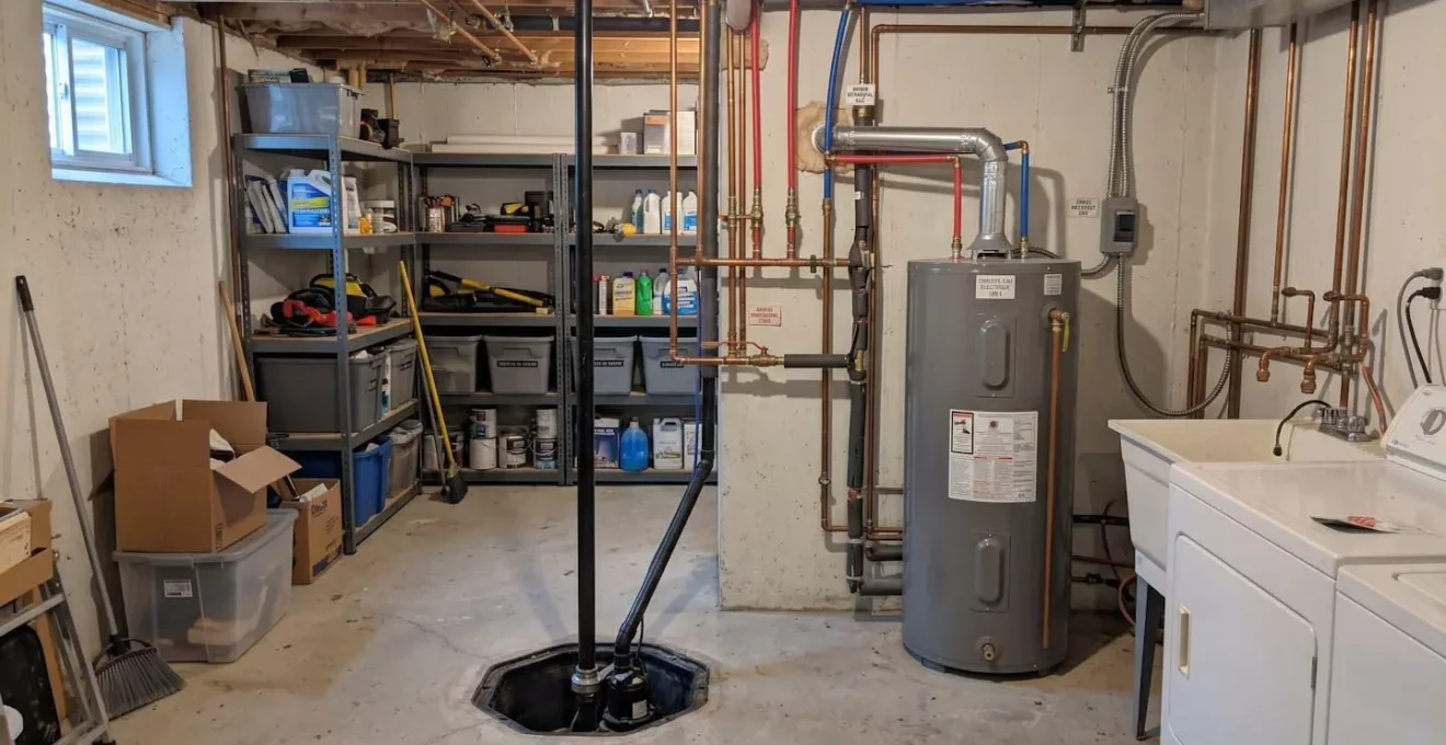 Vue d'ensemble d'un sous-sol résidentiel contemporain avec tuyaux apparents et pompe de puisard, espace organisé et bien éclairé par une fenêtre de jour