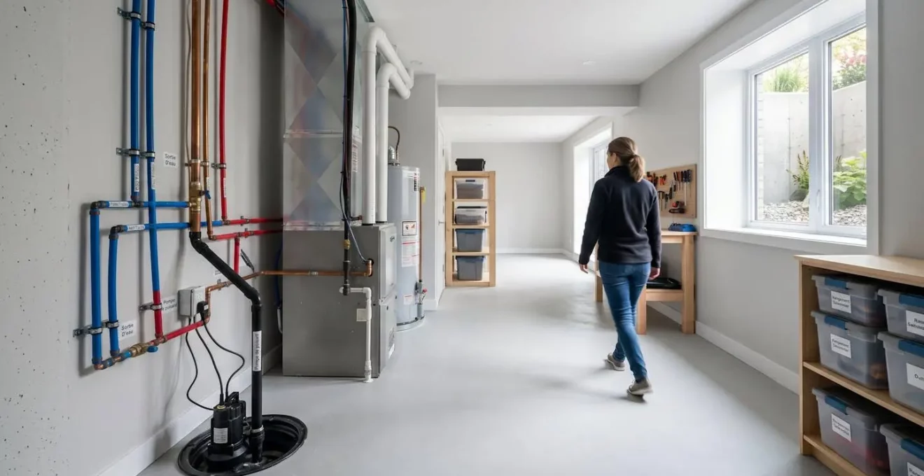 Vue d'ensemble d'un sous-sol résidentiel contemporain avec tuyaux apparents et pompe de puisard, espace organisé et bien éclairé par une fenêtre de jour