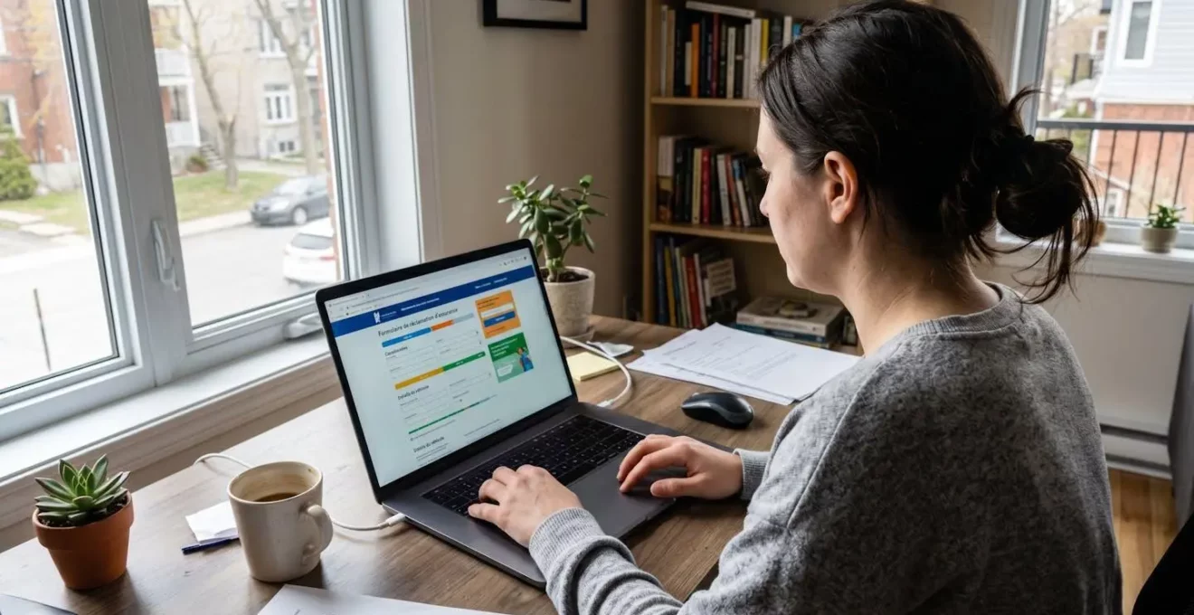Personne complétant un formulaire d'assurance en ligne sur ordinateur portable dans un espace de travail québécois, vue de dos