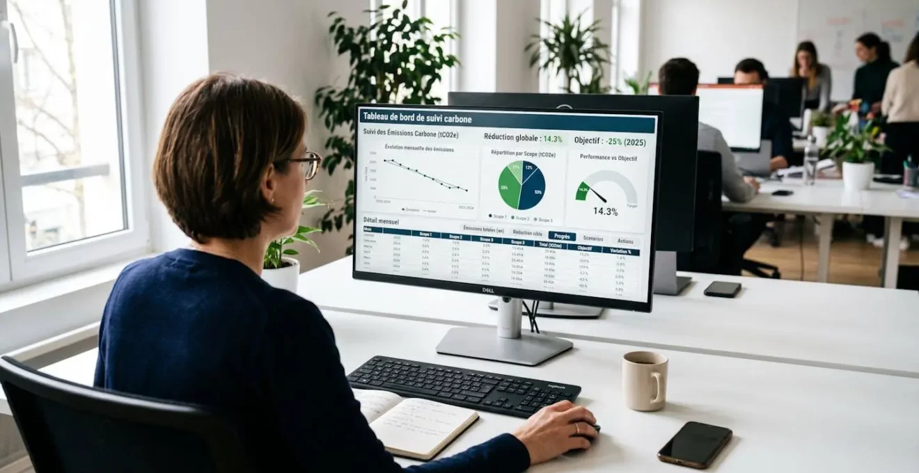Écran d'ordinateur affichant un tableau de bord de suivi carbone avec graphiques d'émissions et indicateurs KPI, personne analysant les données en arrière-plan