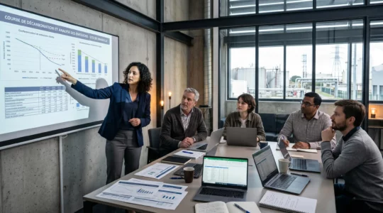 Équipe d'entreprise réunie autour d'une table de réunion analysant des graphiques de décarbonation projetés sur écran mural, avec vue sur site industriel moderne en arrière-plan