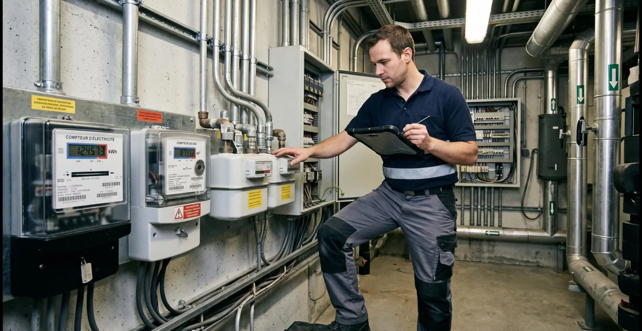Technicien inspectant des compteurs énergétiques industriels avec tablette numérique pour collecter des données de consommation