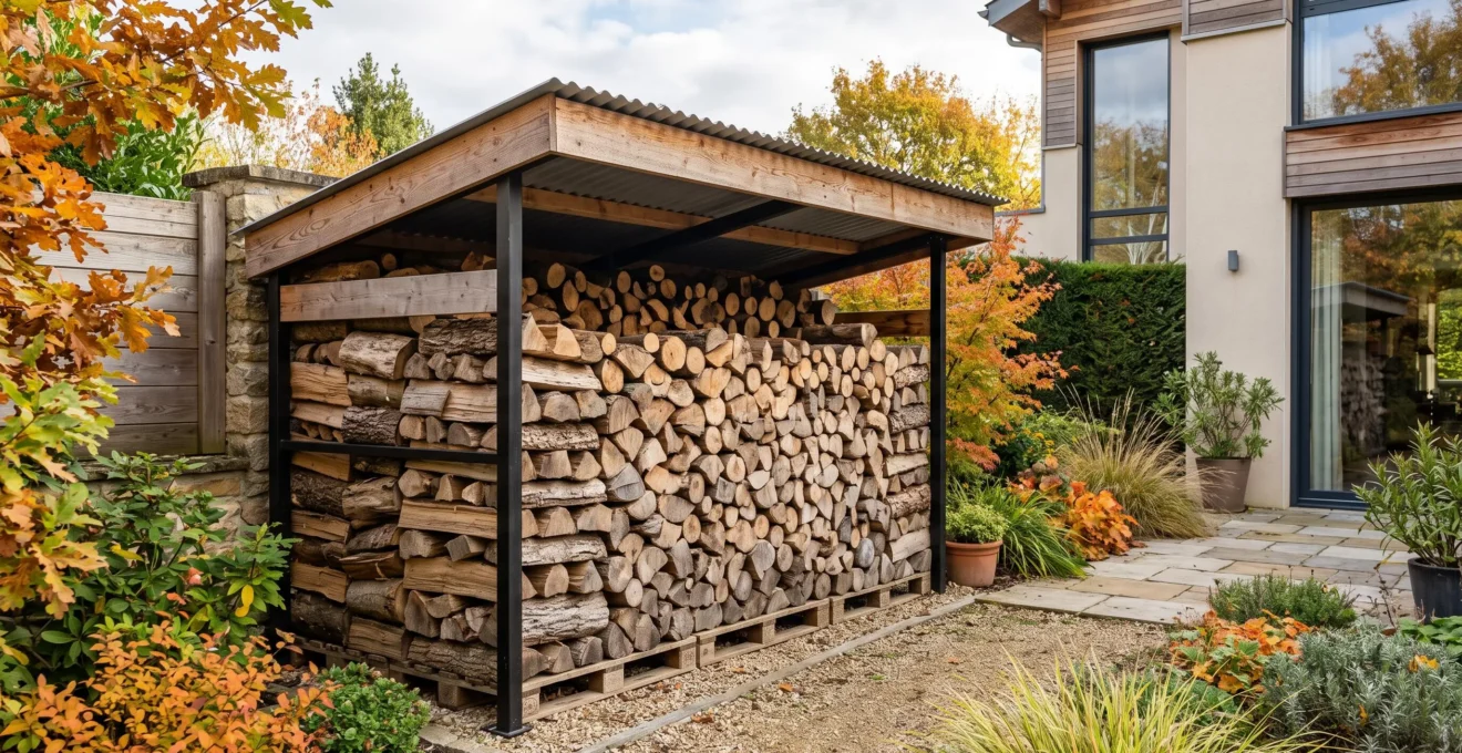 Abri à bois extérieur bien ventilé avec bûches de chauffage empilées de manière ordonnée sur palette surélevée, toit protecteur et ouvertures latérales