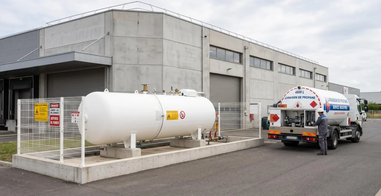 Citerne de stockage de gaz propane blanche installée dans la zone technique d'un site industriel français, avec camion de livraison spécialisé stationné à proximité et bâtiment professionnel contemporain en arrière-plan