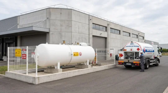 Citerne de stockage de gaz propane blanche installée dans la zone technique d'un site industriel français, avec camion de livraison spécialisé stationné à proximité et bâtiment professionnel contemporain en arrière-plan