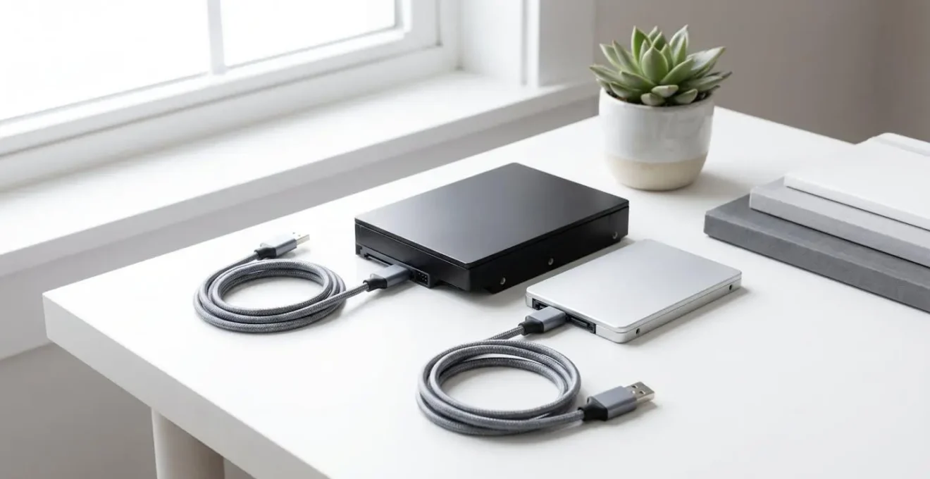 Deux disques durs externes professionnels sur un bureau : un HDD noir volumineux 3,5 pouces et un SSD argenté compact 2,5 pouces, avec leurs câbles USB 3.0