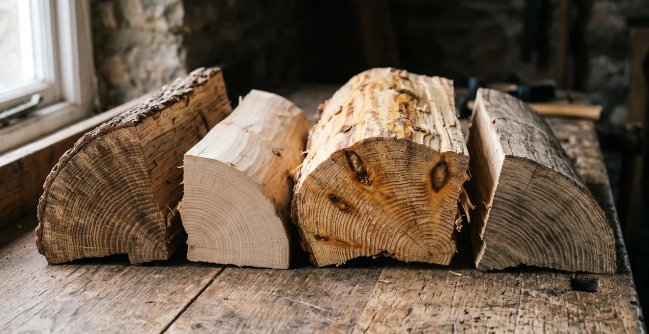 Gros plan sur des bûches fraîchement fendues de différentes essences de bois montrant les variations de texture, couleur et grain entre feuillus et résineux