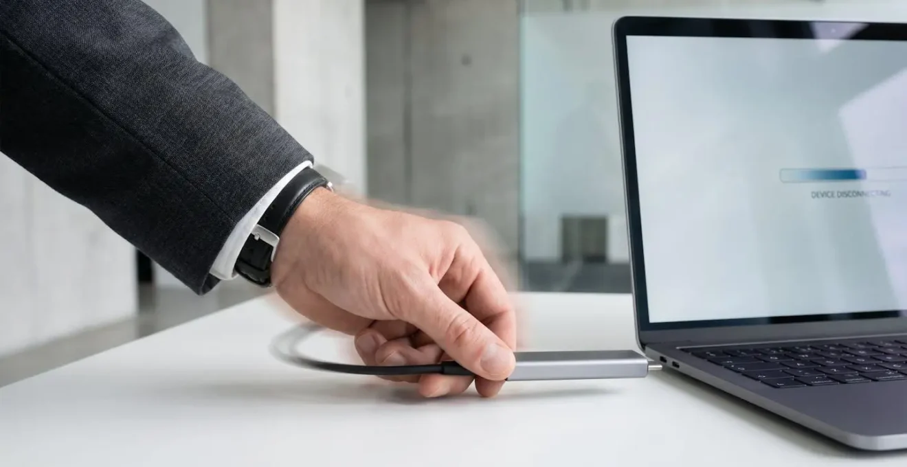 Gros plan sur une main d'employé déconnectant soigneusement un disque dur externe noir d'un ordinateur portable dans un bureau professionnel