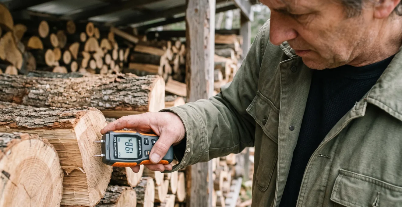 Main utilisant un humidimètre numérique pour mesurer le taux d'humidité d'une bûche de bois de chauffage, affichage de la valeur sur l'écran de l'appareil