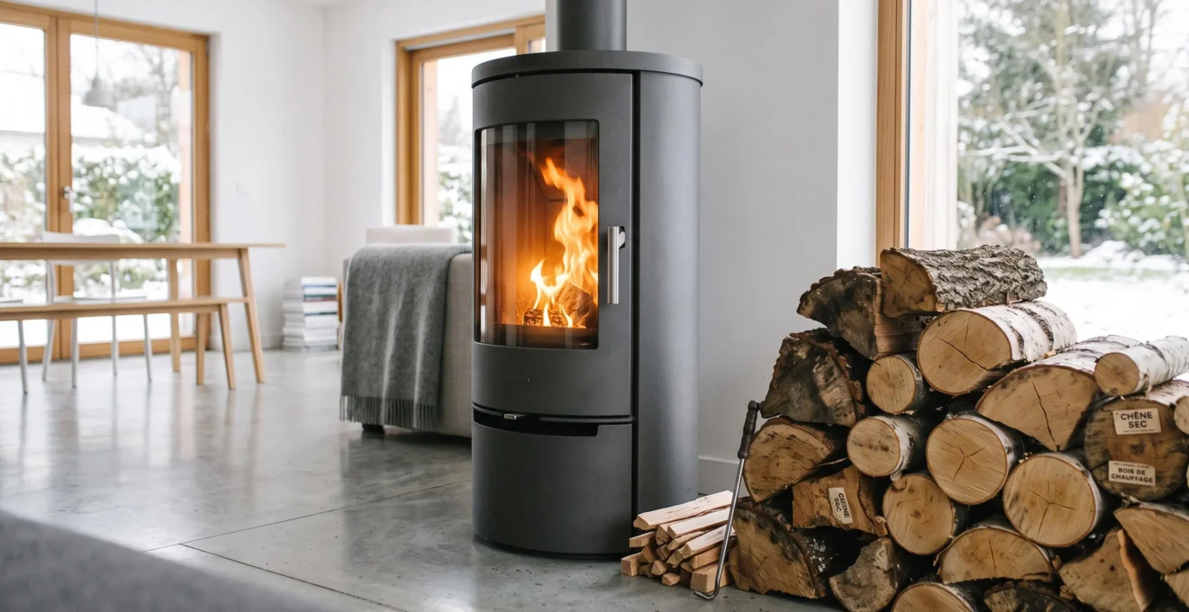 Poêle à bois moderne en fonctionnement dans un salon contemporain, avec des bûches de bois de chauffage de différentes essences empilées au premier plan