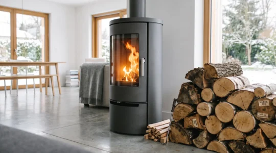 Poêle à bois moderne en fonctionnement dans un salon contemporain, avec des bûches de bois de chauffage de différentes essences empilées au premier plan