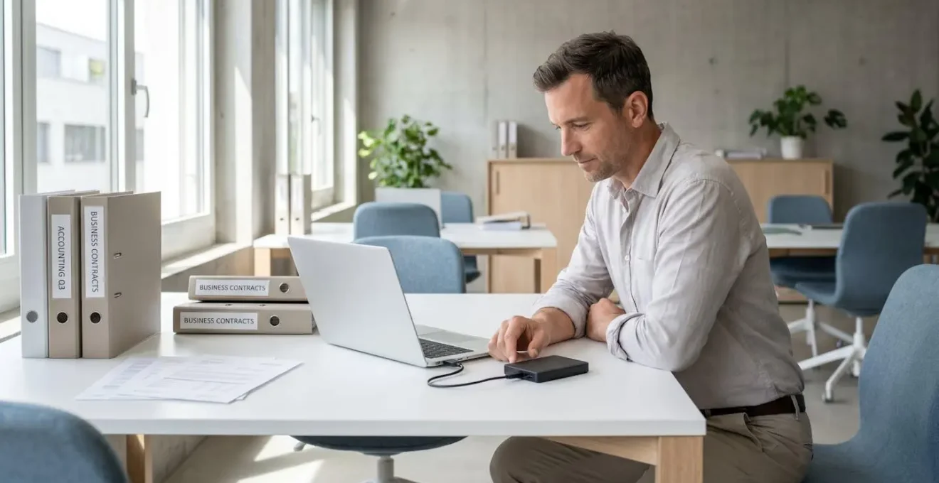 Responsable administrative d'une PME connectant un disque dur externe noir à son ordinateur portable dans un bureau contemporain, avec documents comptables visibles sur le bureau