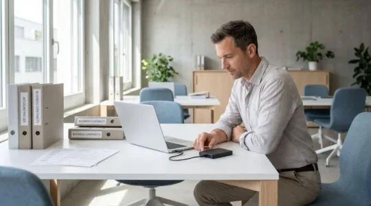 Responsable administrative d'une PME connectant un disque dur externe noir à son ordinateur portable dans un bureau contemporain, avec documents comptables visibles sur le bureau