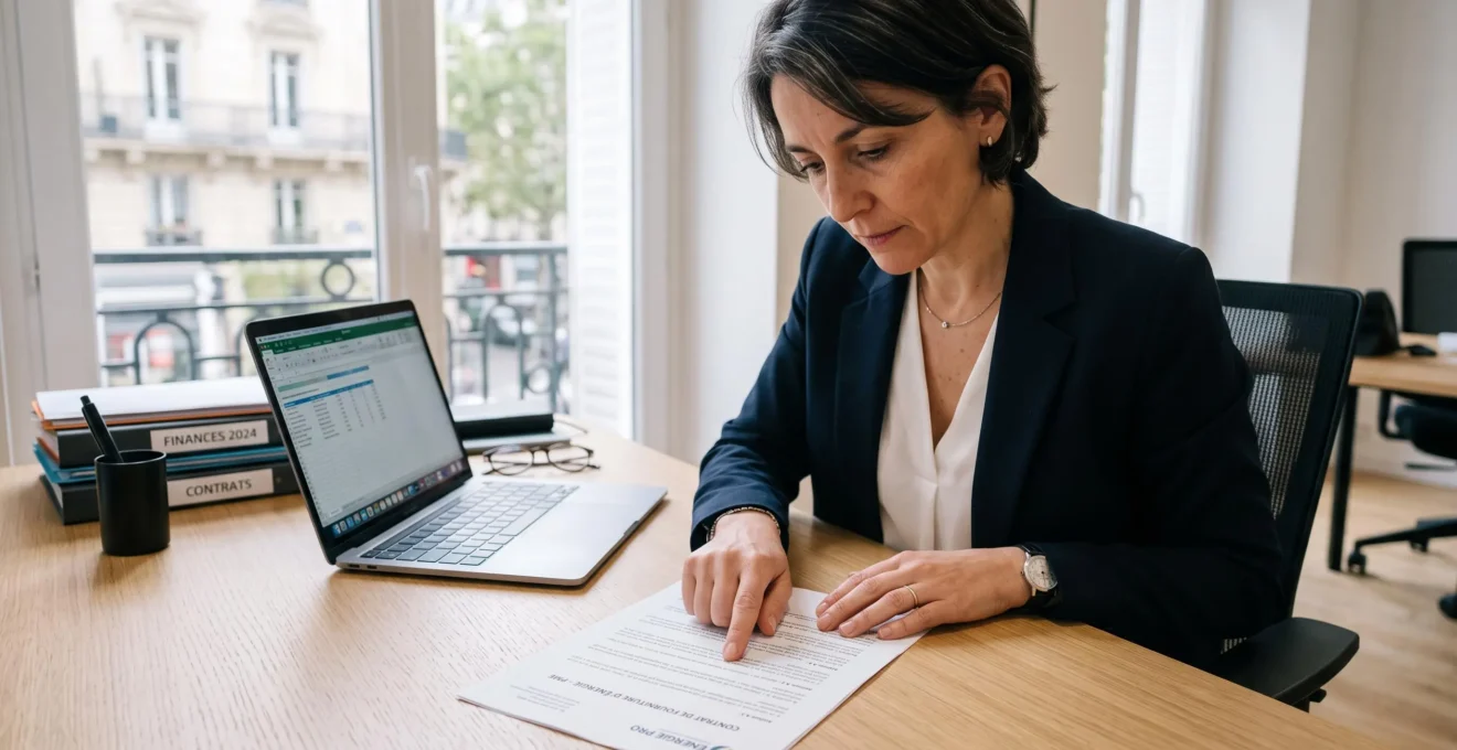 Responsable administrative d'une PME examinant attentivement les clauses de son contrat de fourniture de gaz, main pointant vers une date contractuelle spécifique sur le document