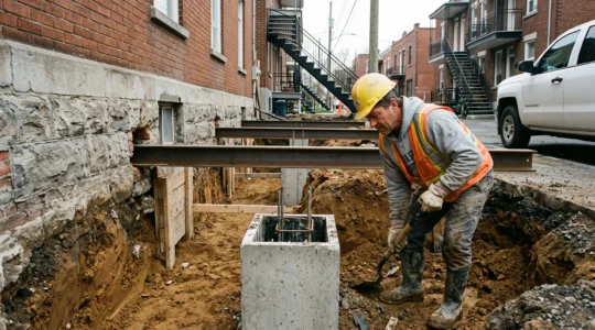 Maçon creusant une section de tranchée sous une fondation en béton lors d'un chantier de sous-œuvre à Montréal.
