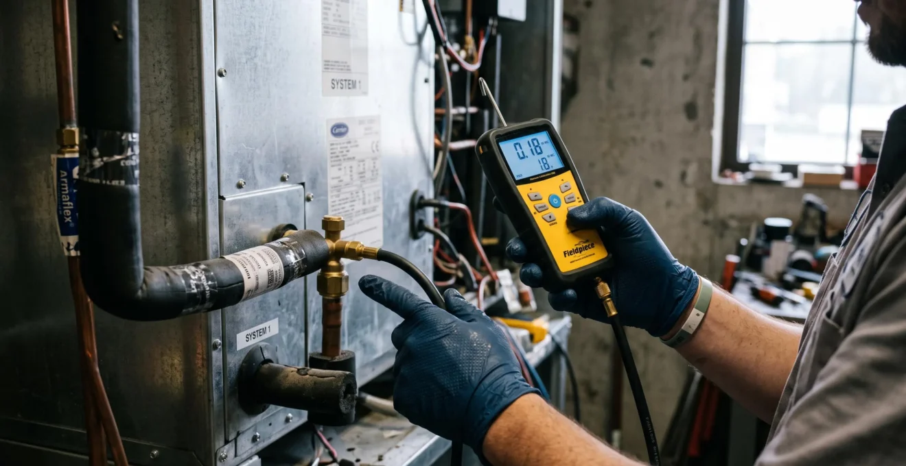 Un technicien mesure la pression du circuit frigorifique avec un manomètre.
