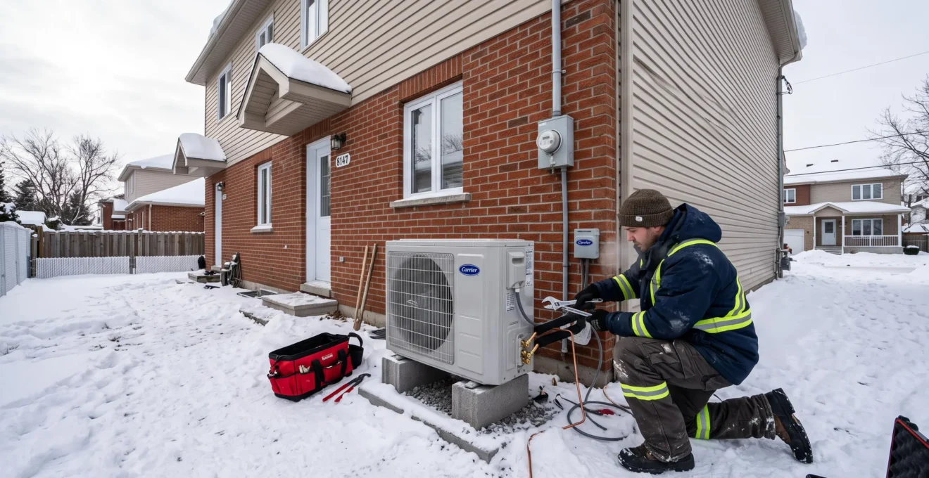 Un technicien installe une thermopompe extérieure contre un résidence en hiver.